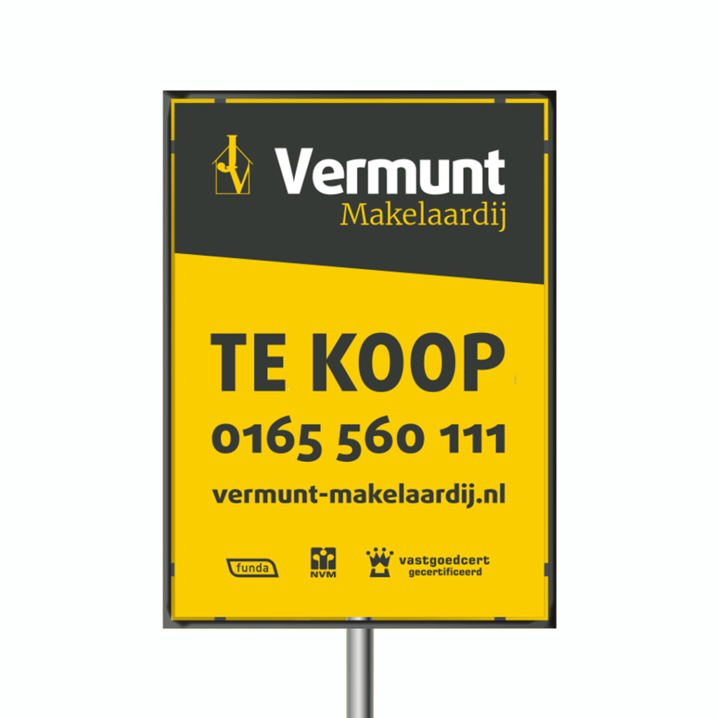 Het te koop bord van Vermunt Makelaardij, dé makelaar in Roosendaal en omstreken.
